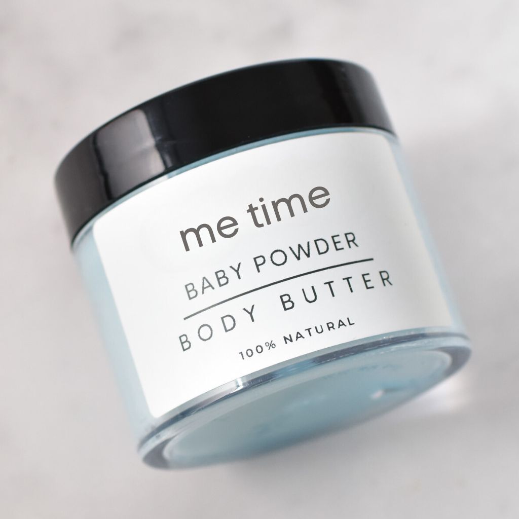 Baby Powder Body Butter in recycled PET jar with creamy texture, handcrafted by Me Time in the UAE