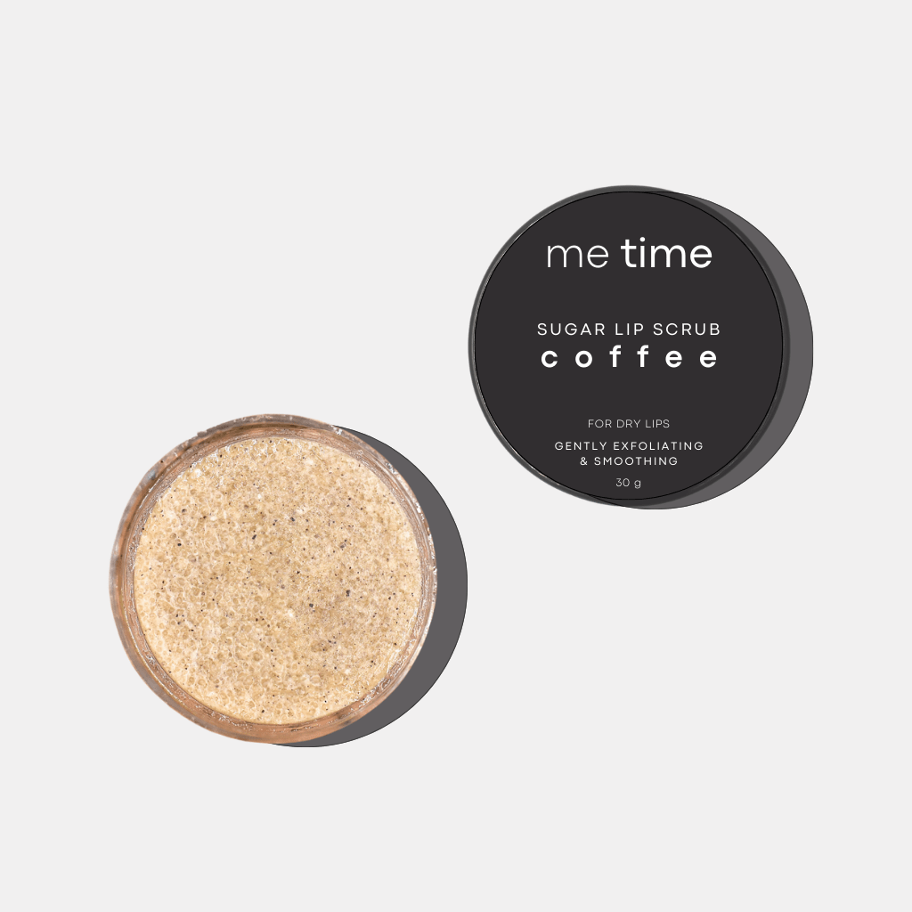 Coffee Lip Scrub in minimal packaging, handcrafted by Me Time in the UAE to gently exfoliate and nourish lips