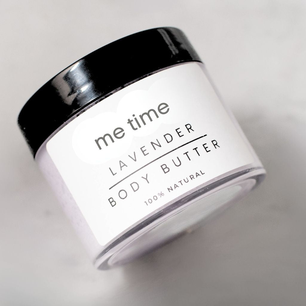 Lavender Body Butter in recycled PET jar with creamy texture, handcrafted by Me Time in the UAE
