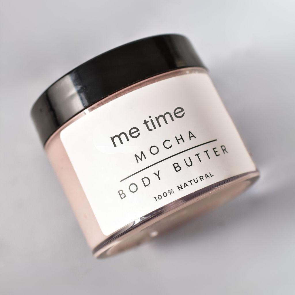 Mocha Body Butter in recycled PET jar with creamy texture, handcrafted by Me Time in the UAE