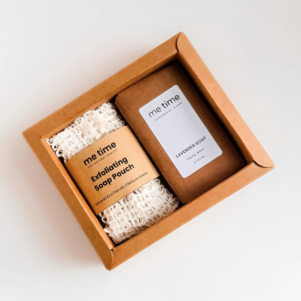 Lavender handmade soap and cotton soap pouch in Me Time gift box