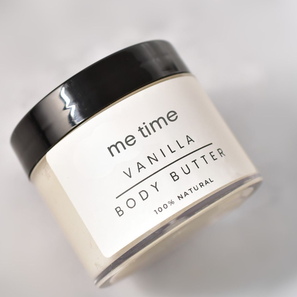 Vanilla Body Butter in recycled PET jar with creamy texture, handcrafted by Me Time in the UAE