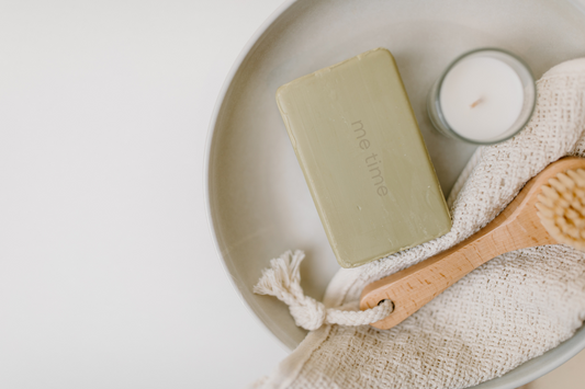 Me Time luxurious, eco-conscious vibe of handcrafted botanical soaps presented with natural elements