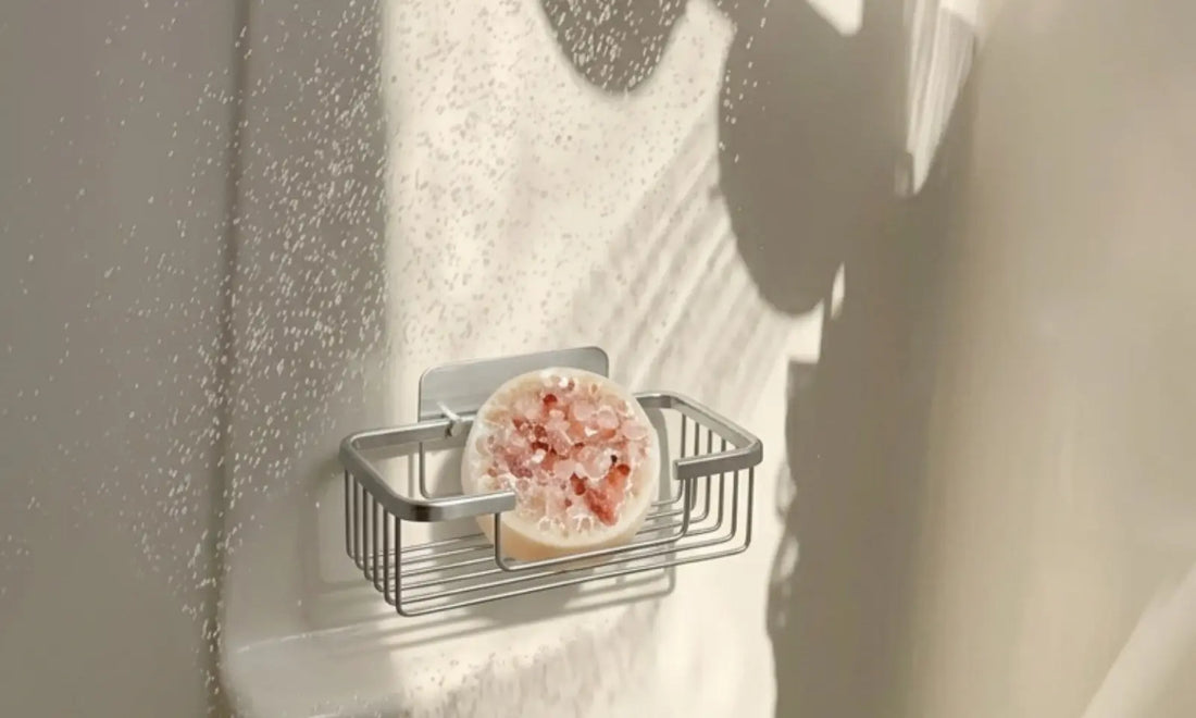 Wet handmade Me Time soap bar with water droplets, bright natural light