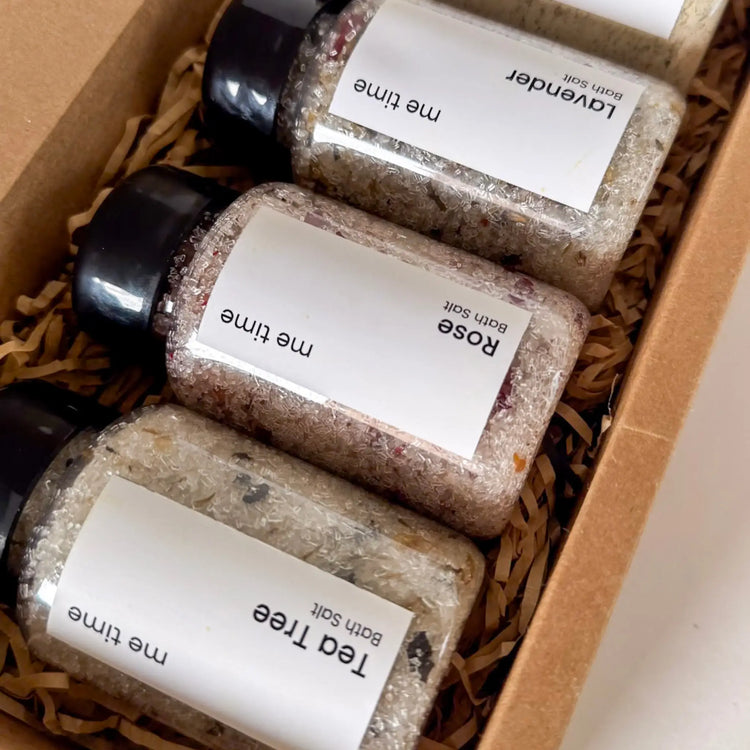 Me Time Bath Salts set with natural sea salts and essential oils, creating a calming and soothing bath experience