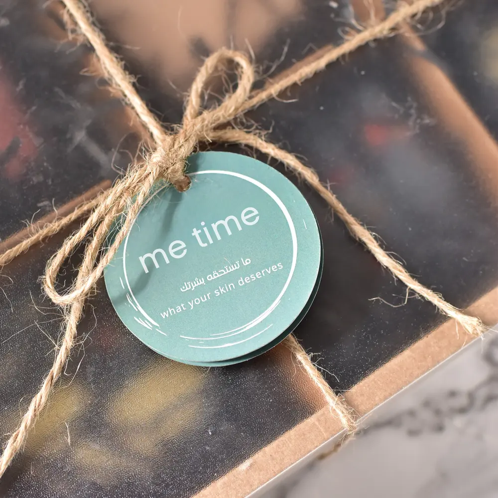 Luxurious kraft gift box with Me Time Soaps branding, elegantly designed with natural aesthetics, featuring premium handcrafted products, perfect for gifting on any occasion