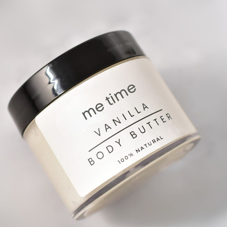 Vanilla Body Butter in recycled PET jar with creamy texture, handcrafted by Me Time in the UAE
