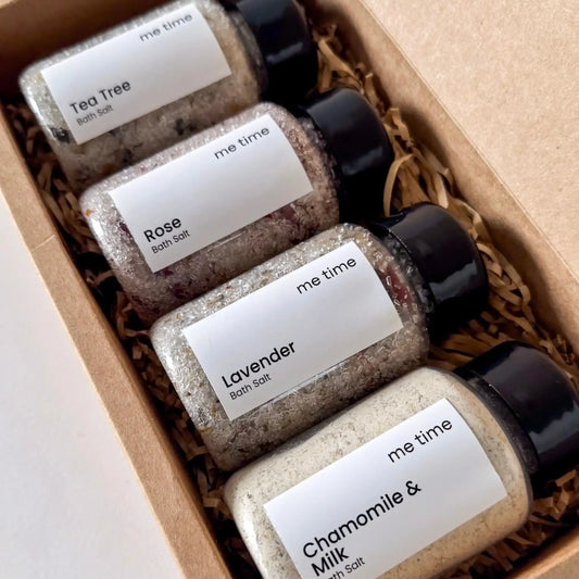Natural bath salt gift set with lavender, rose, chamomile, and tea tree blends