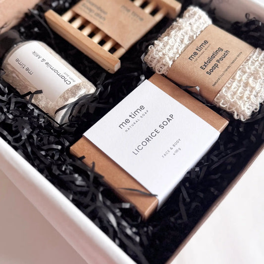 Create Your Calm Gift Box with natural soap, bath salt, exfoliating pouch, bamboo dish, and face towel – UAE-made