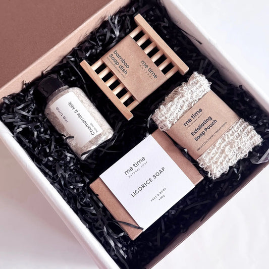 Create Your Calm Gift Box with natural soap, bath salt, exfoliating pouch, bamboo dish, and face towel – UAE-made
