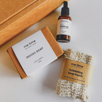 Exfoliating soap pouch with handcrafted soap