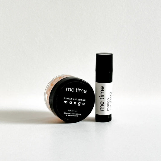 Natural lip balm and exfoliating scrub with botanical ingredients in cotton bag