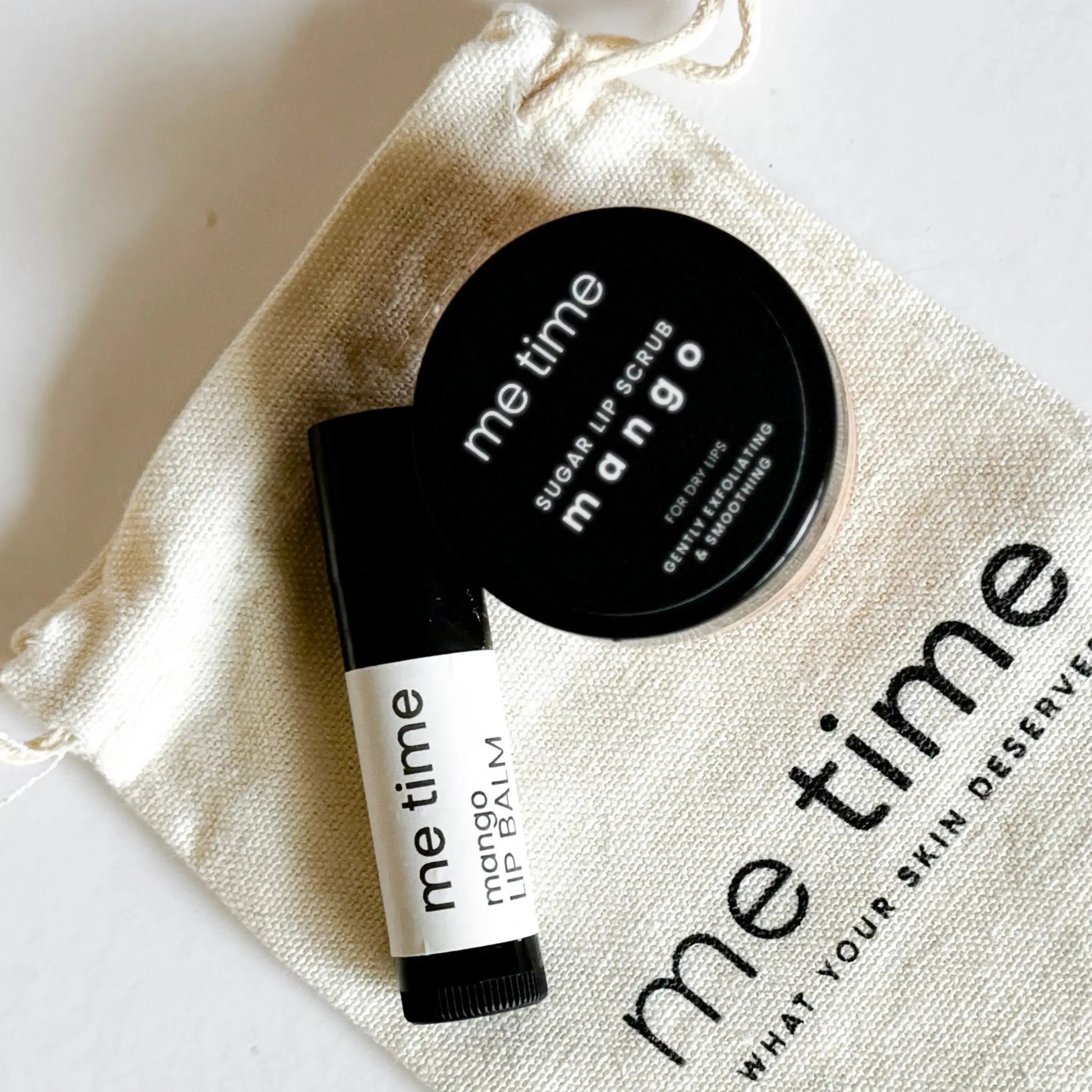 Lip Luxe Ritual natural lip balm and exfoliating scrub with cotton bag