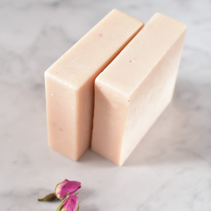 Handmade natural artisan soap bar with rose clay, featuring gentle detoxifying and hydrating properties. The soap is crafted with coconut oil, olive oil, mango butter, avocado oil, and castor oil, and is scented with a subtle rose fragrance.