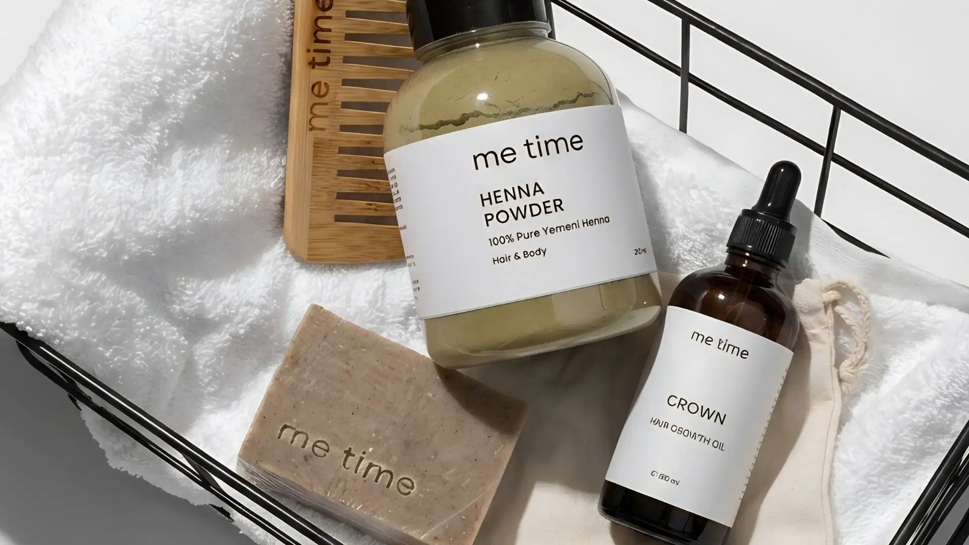 Me Time Hair Care products including a Henna Powder, Hair Groeth Oil, and Black Seed soap, Comb - Me Time Hair Ritual
