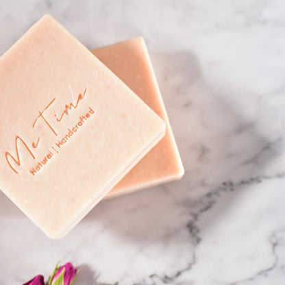 Handmade natural artisan soap bar with rose clay, featuring gentle detoxifying and hydrating properties. The soap is crafted with coconut oil, olive oil, mango butter, avocado oil, and castor oil, and is scented with a subtle rose fragrance.