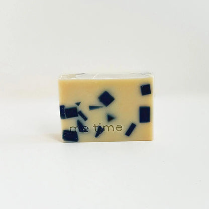 Midnight Mosaic natural handmade soap bar in deep earthy tones, with kaolin clay and indigo, photographed on a neutral background, cold-process texture visible, minimal packaging.