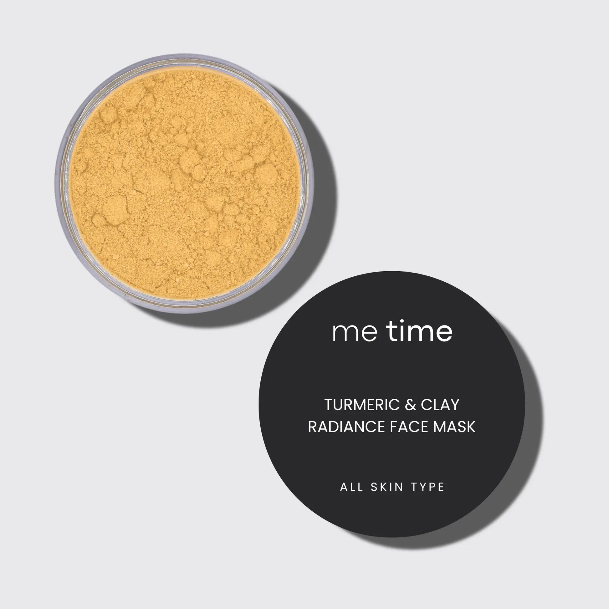 Turmeric and clay radiance face mask with 'me time' branding on a light gray background