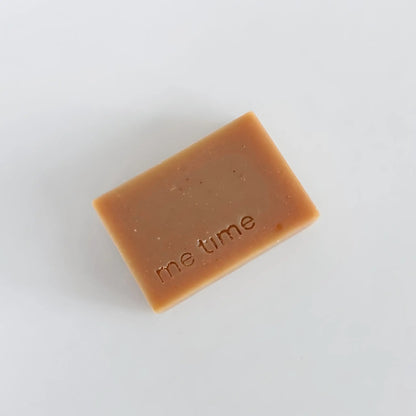 Chamomile & Vanilla Natural Soap angled view, showing handcrafted texture, soft cream color, calm and soothing appearance