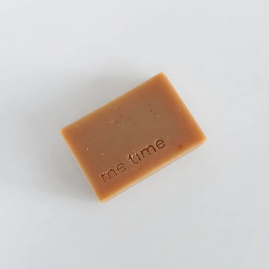 Chamomile & Vanilla Natural Soap angled view, showing handcrafted texture, soft cream color, calm and soothing appearance