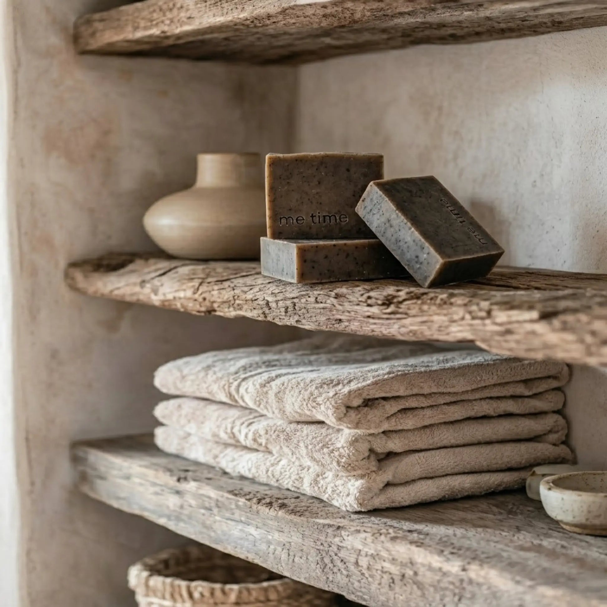 Stack of towels and soap bars on wooden shelves with a neutral background