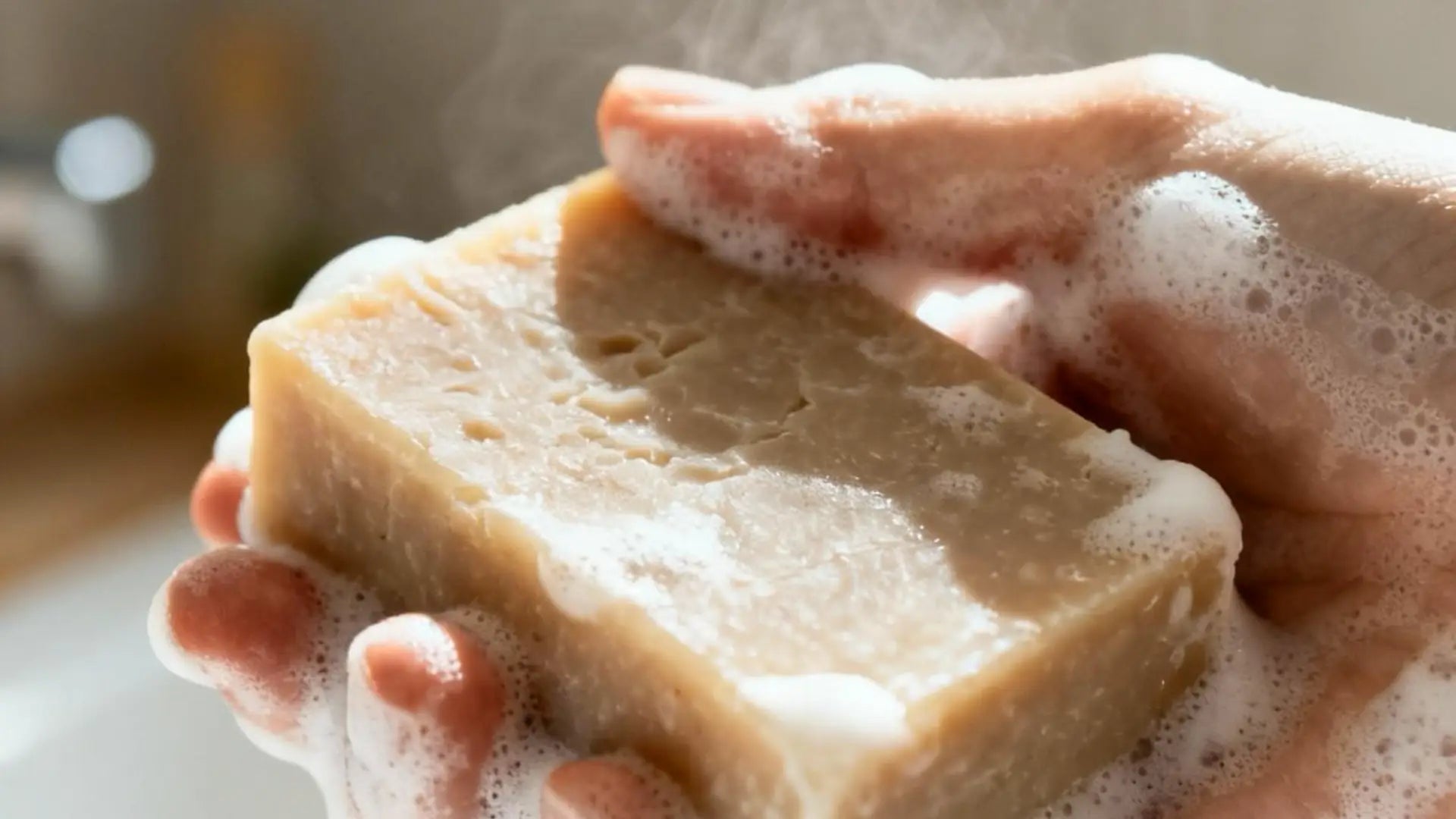 Hand holding me time bar of soap  made in UAE with lather on a blurred background