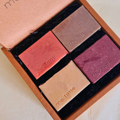 Open Me Time gift box containing Damascus Rose, Moroccan Clay, Camel Milk and Frankincense, and Black Seed soaps