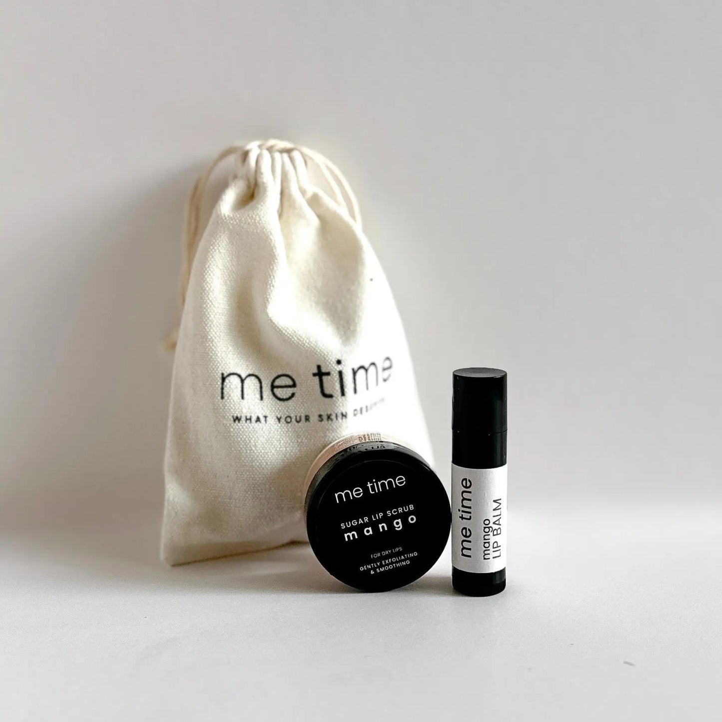 Lip Luxe Ritual natural lip balm and exfoliating scrub with cotton bag