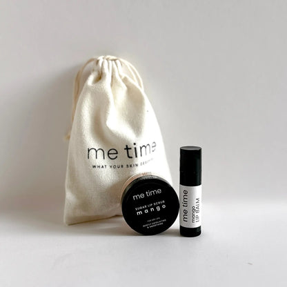 Lip Luxe Ritual natural lip balm and exfoliating scrub with cotton bag